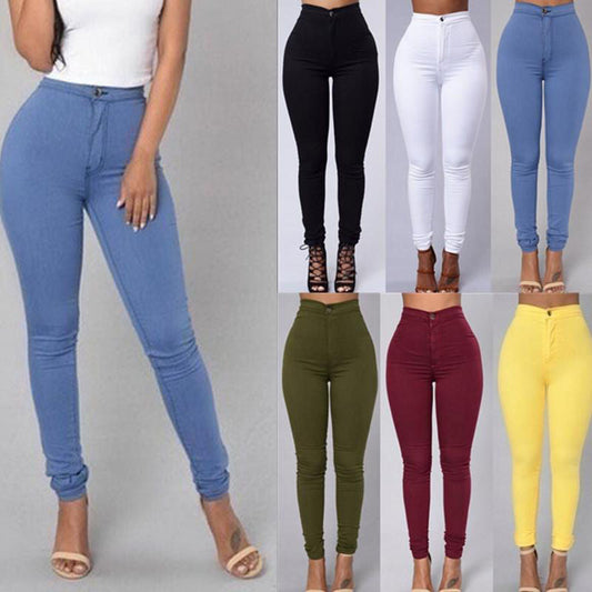 Casual byxor för kvinnor hög midja stretch smal byxa skinny godis färg jeans